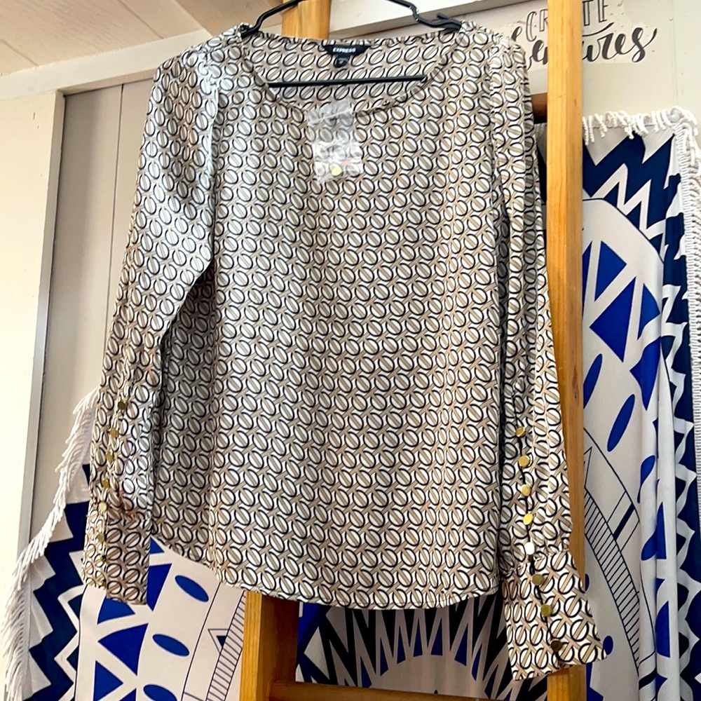 EXPRESS Gold Button Sleeved Blouse Tan/Black/White